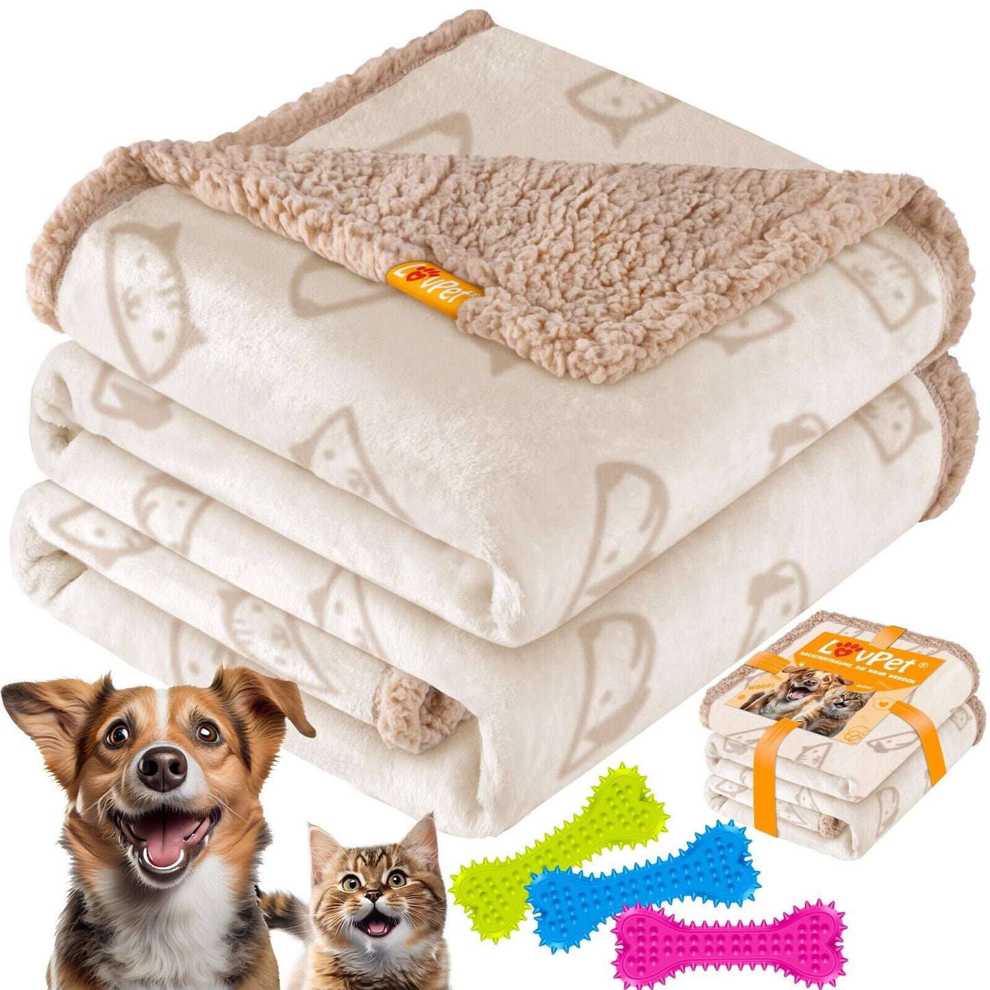 LOVPET® Hunde Decke Wasserdicht Haustier Trockenbett Fleece, 3X Spielzeugknoch